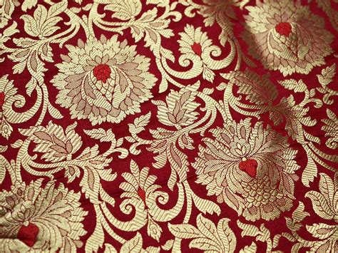 red satin fabric metallic gold floral print indian|Red and Gold Indian Fabric .